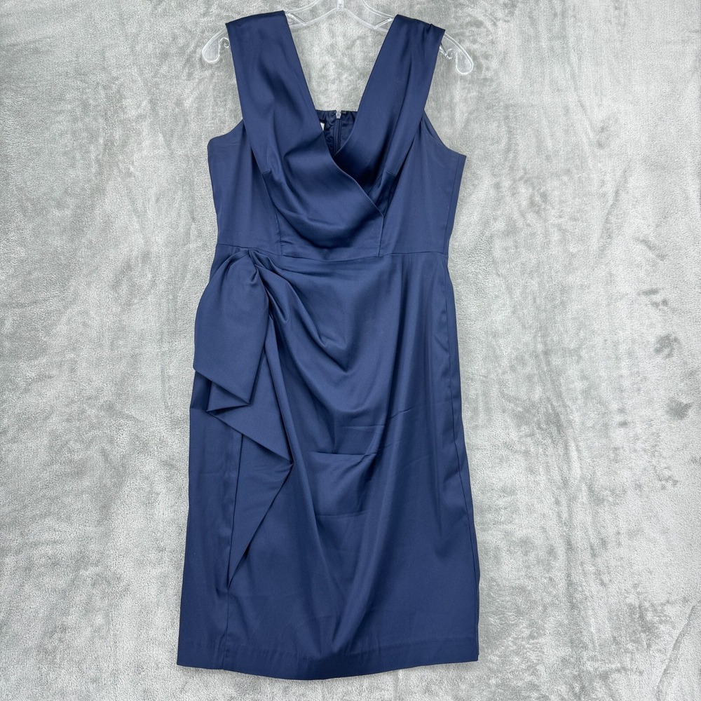 Maggy London Dress 14 Petite Satin Drape Evening Event Wedding Navy Blue‎ Zip